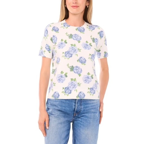 Vince Camuto Sweaters - Vince Camuto Blue Floral Short Sleeve Sweater Crew Neck XL Pullover
